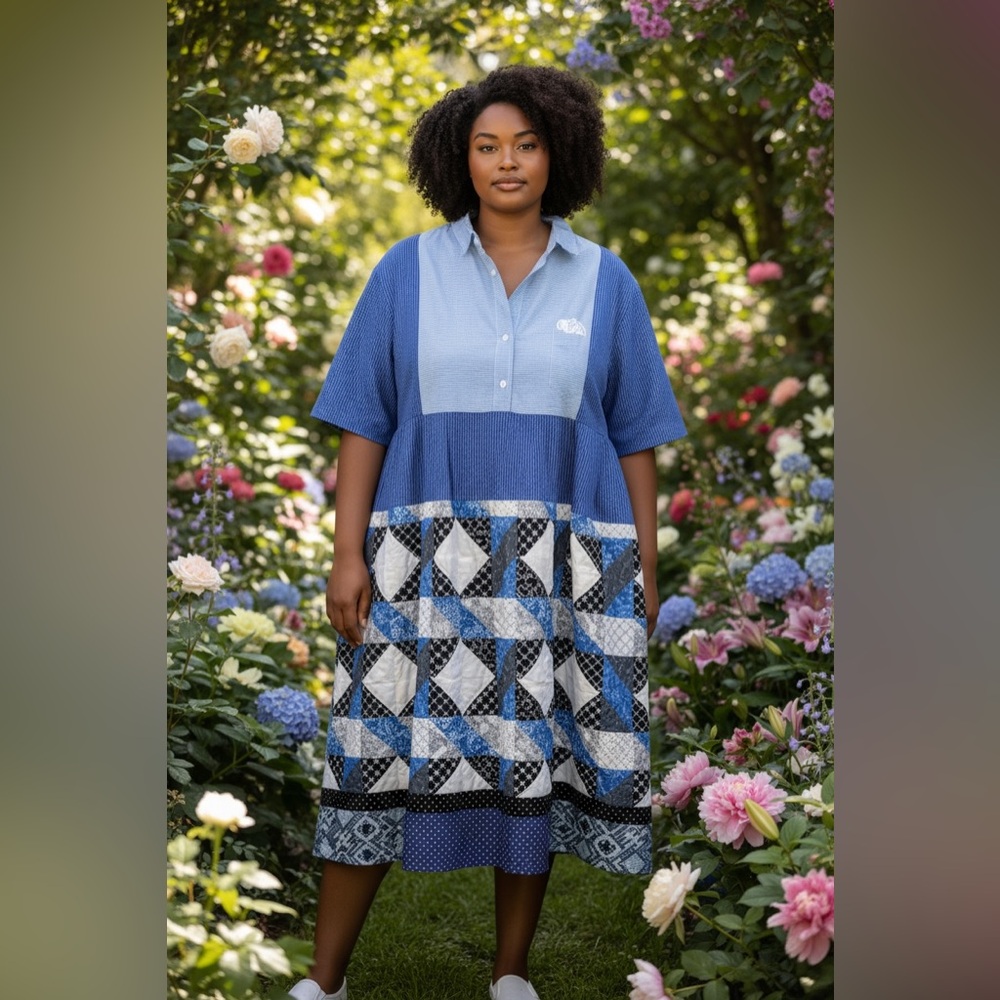 Elegant Blue Patchwork Upcycled Maxi Dress